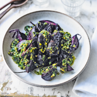 Baked beets with coriander, mint & pistachios